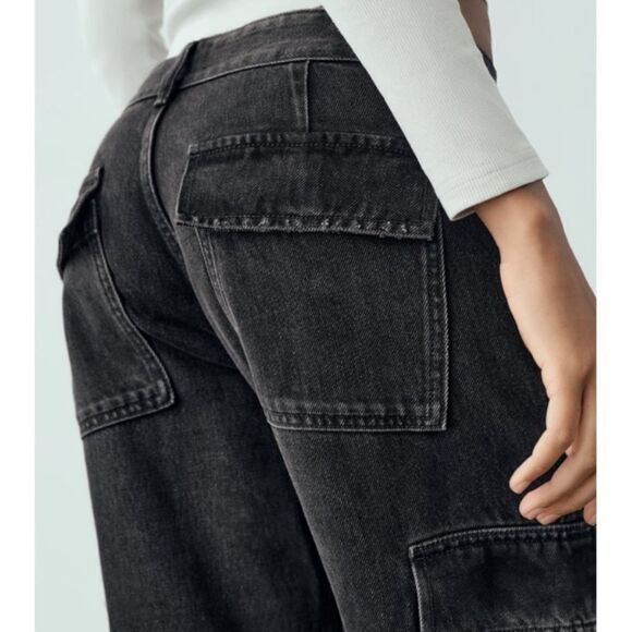 Zara Mid Rise Wide Leg Black Denim Cargo TRF Jeans - Picture 6 of 10
